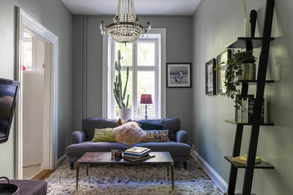 small gray living room blue sofa