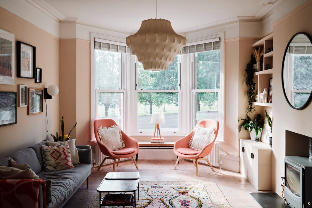 Colorful Rooms and a Modern Kitchen in a Spacious Family Home 1 soft pink living room bay window
