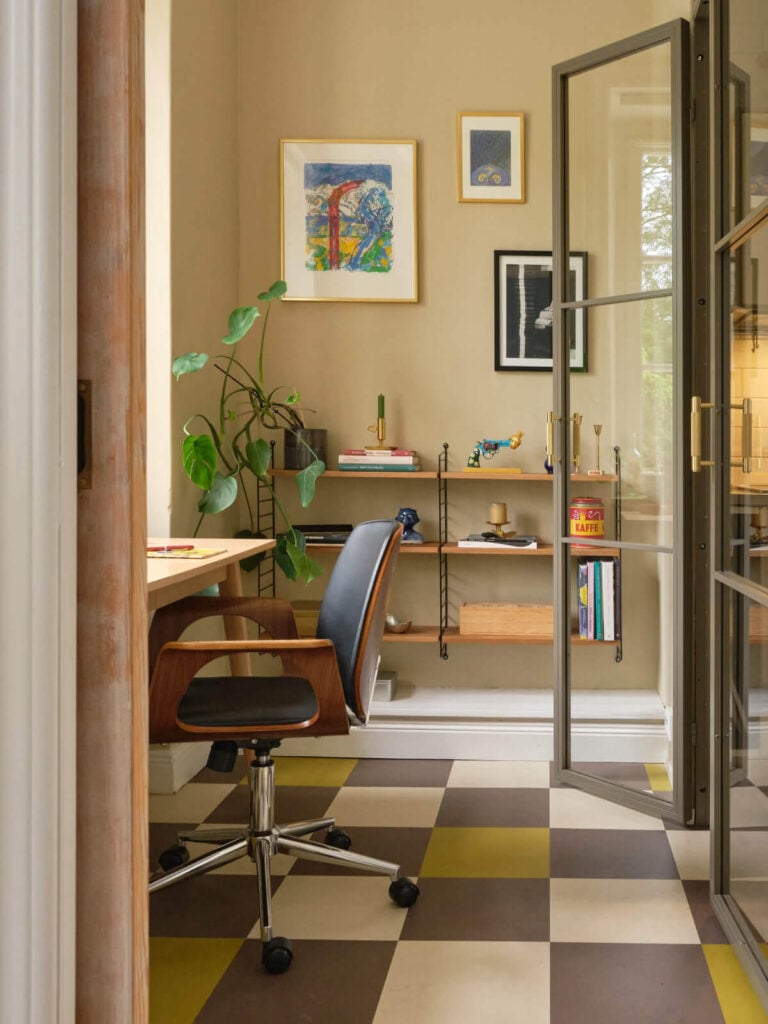 view into home office checkerboard floor