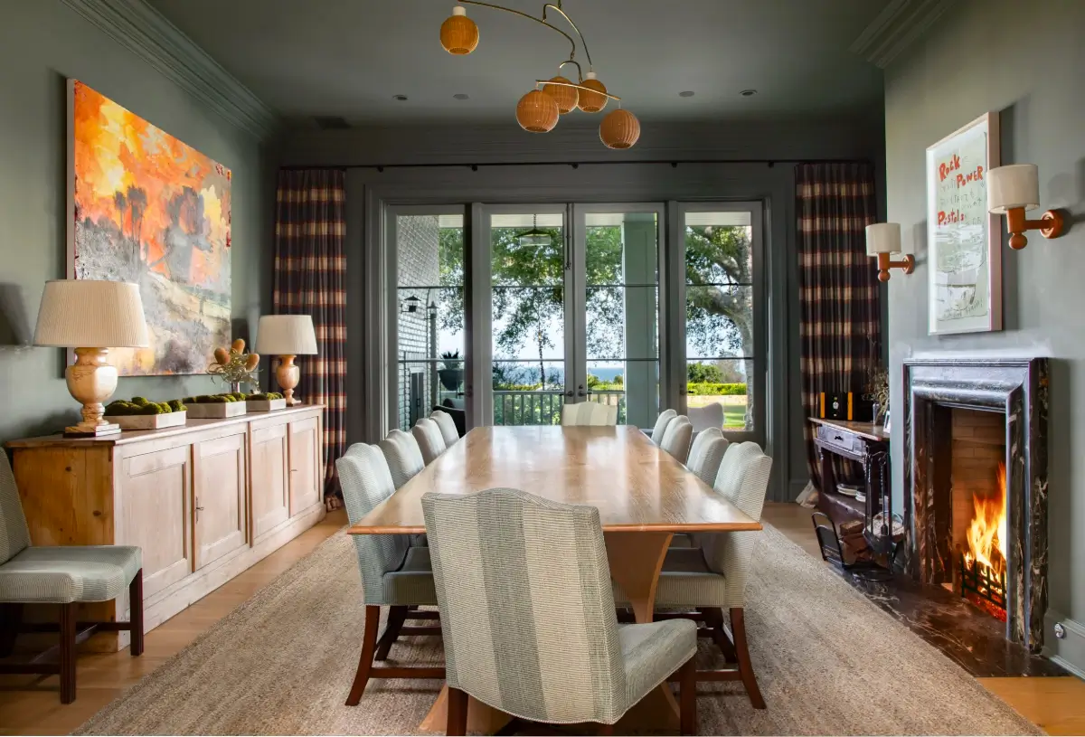 Adam Levine and Behati Prinsloo's Montecito Estate is For Sale 13 Adam-Levine-Behati-Prinsloo-Montecito-Estate-For-Sale-Nordroom-dining-room-fireplace