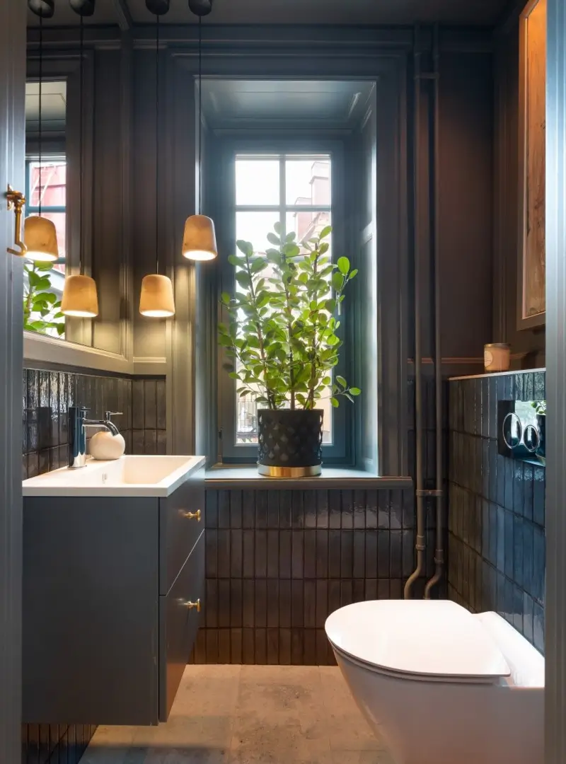 bathroom dark blue tiles deep window niche
