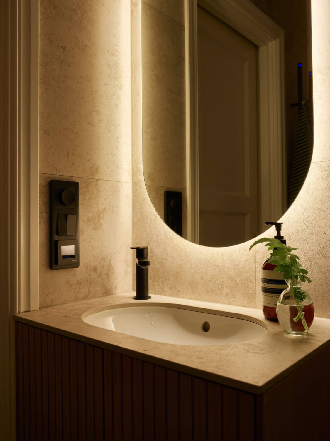 Blue and Red Color Accents in a Stylish Scandinavian Apartment 36 bathroom sink lighted mirror Blue and Red Color Accents in a Stylish Scandinavian Apartment