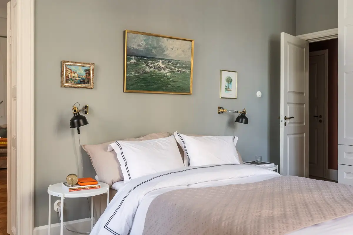 A Farrow & Ball Palette in an Art Nouveau Stockholm Apartment 9 bedroom blue-gray walls art