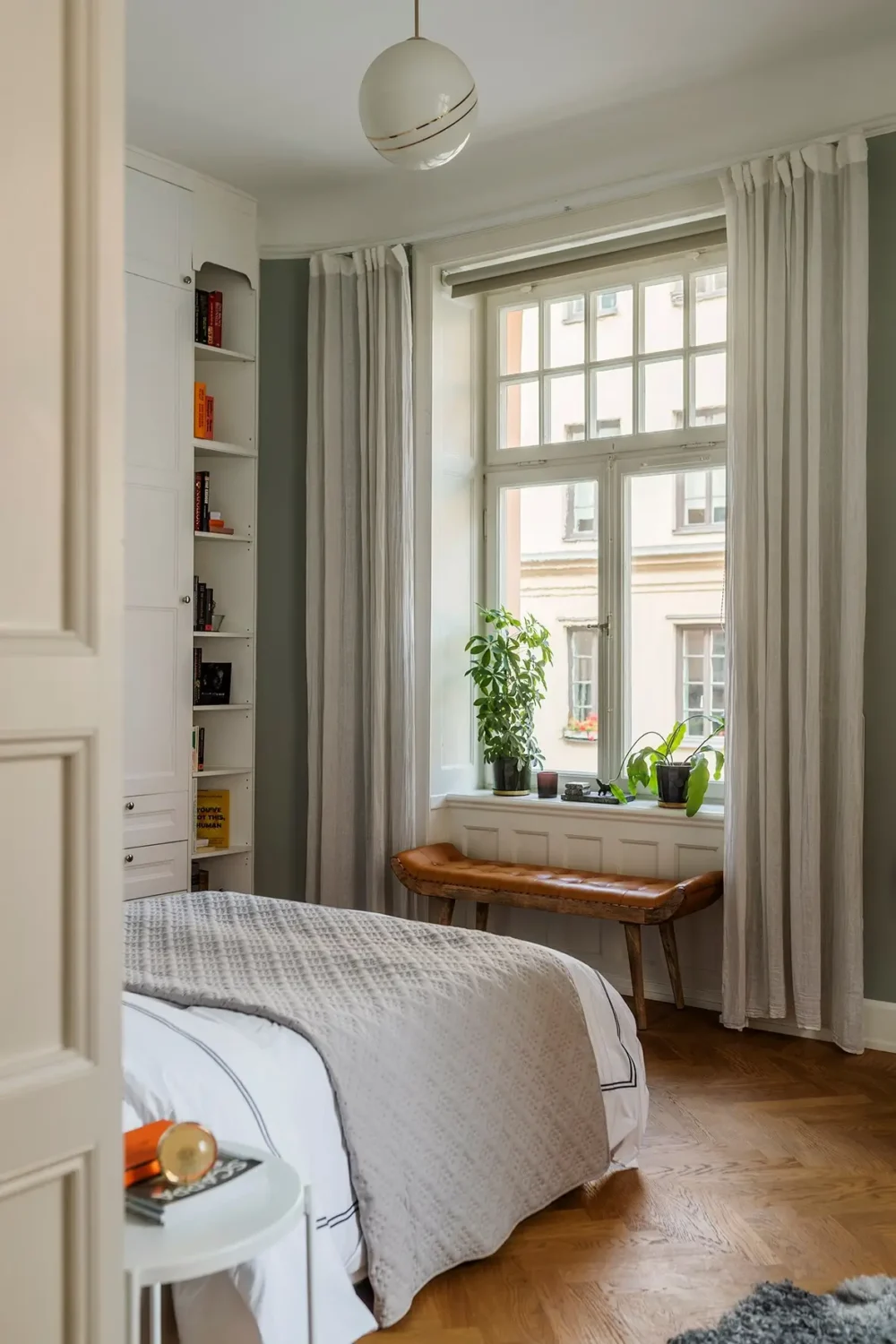 A Farrow & Ball Palette in an Art Nouveau Stockholm Apartment 12 bedroom large window parquet herringbone floor nordroom