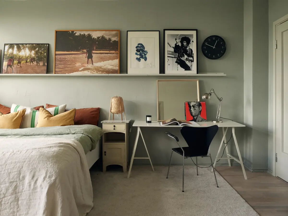 Industrial Elements in a 1960s Duplex Apartment in Stockholm 11 bedroom with desk and shelf