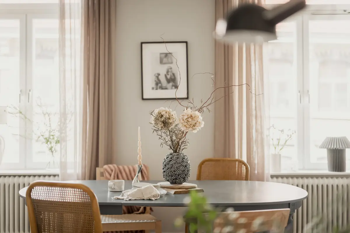 A Gray Scandinavian Apartment with a Royal History 4 blue dining table detail