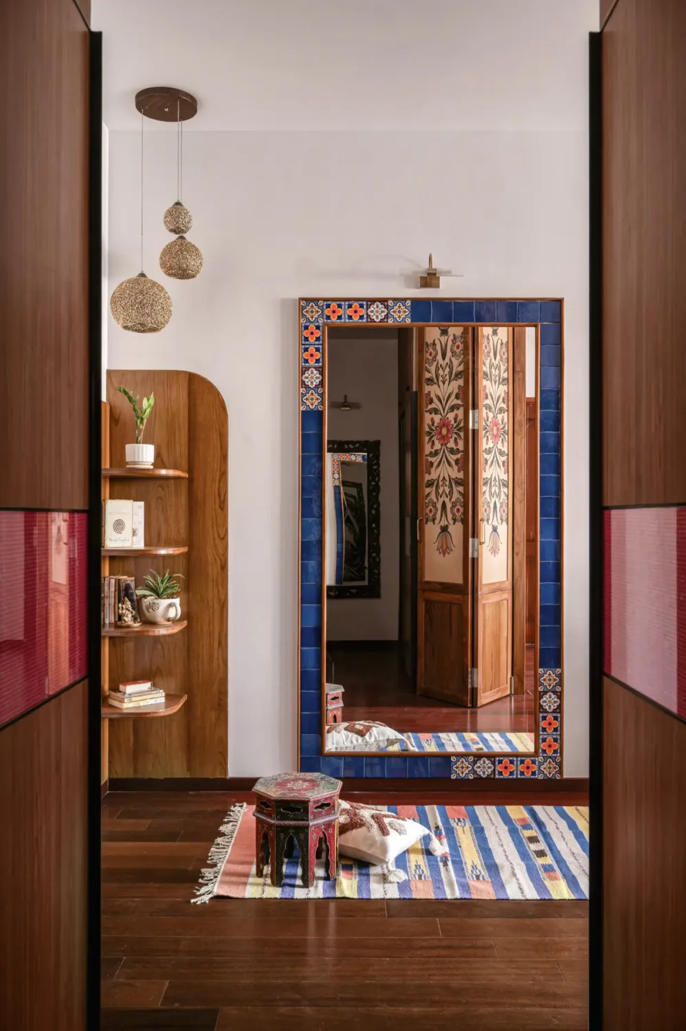 A South Indian Family Home Where Heritage Meets Bold Color Choices 21 blue mirror home in india nordroom