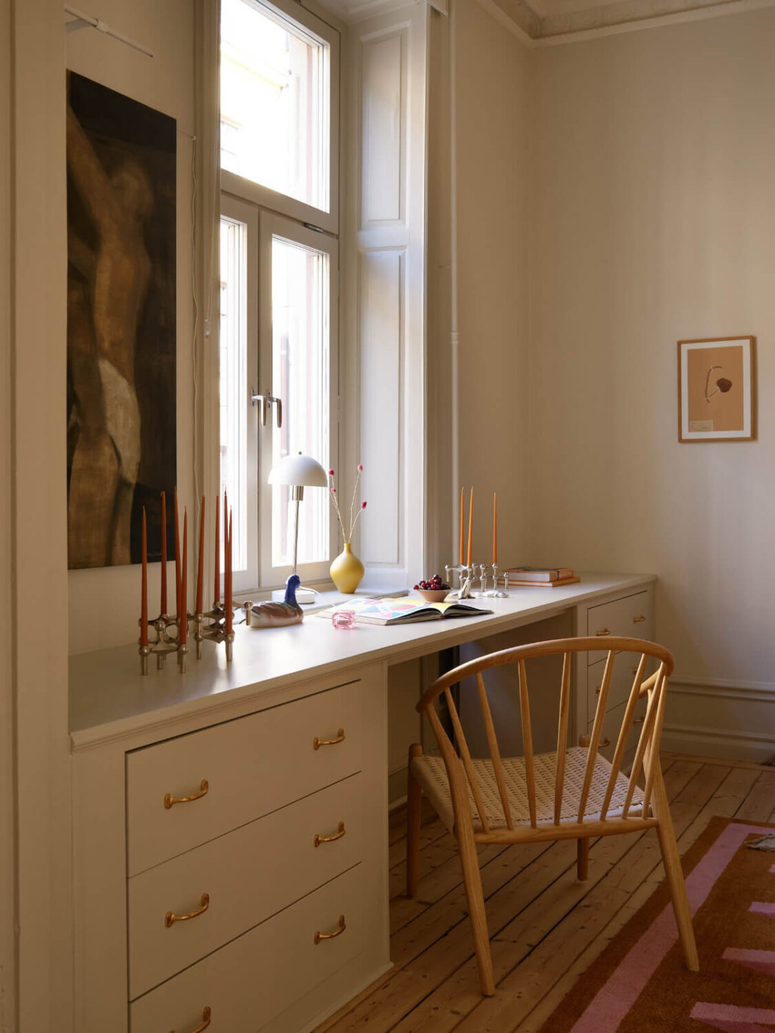 Blue and Red Color Accents in a Stylish Scandinavian Apartment 14 built-in desk with storage drawers