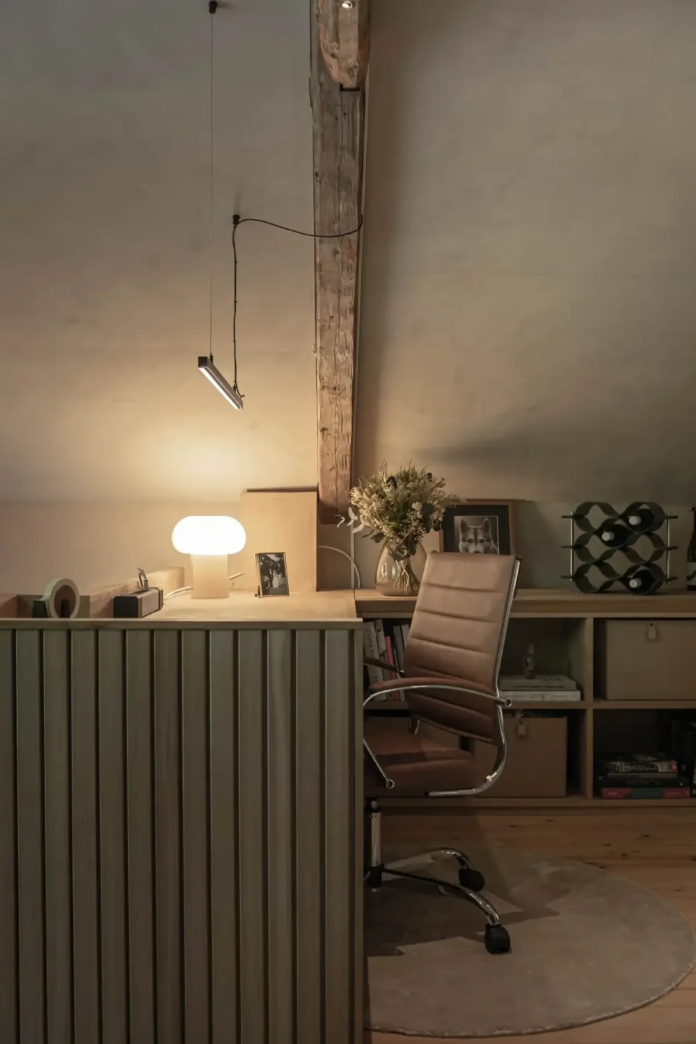 Modern Comforts and Historic Architecture in an 18th Century Home 18 built-in home office space wooden beam