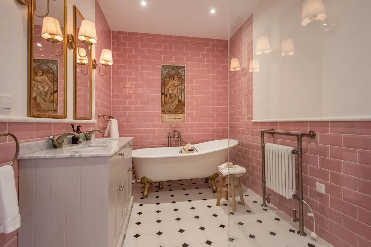 classic bathroom pink tiles freestanding bath walk-in shower