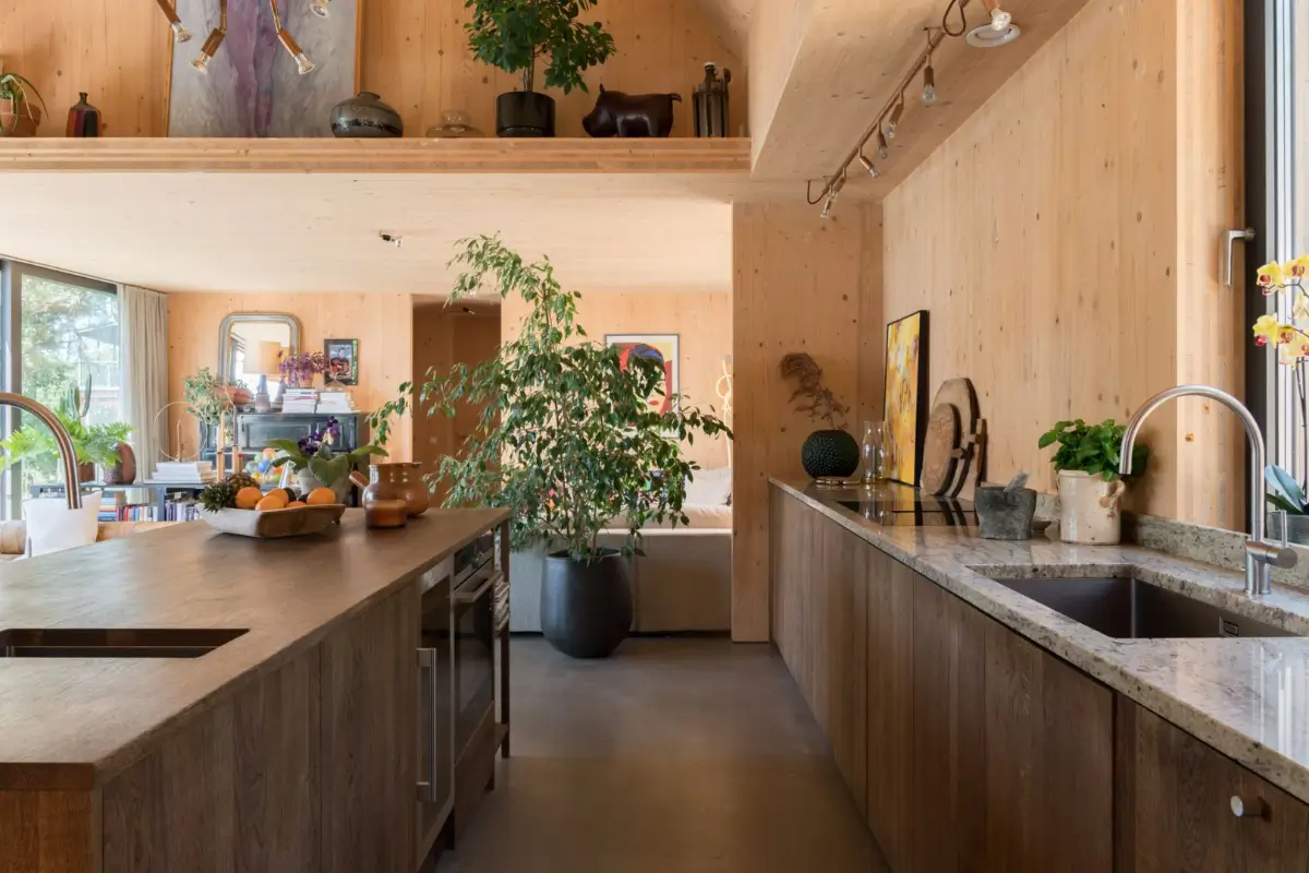 A Modern Wooden Cottage with Sea Views Close to Stockholm 2 dark oak kitchen cabinets