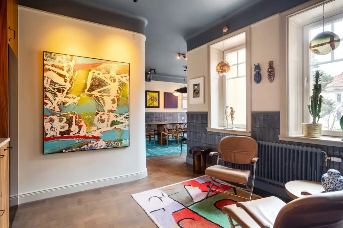dining room with home bar tiled walls