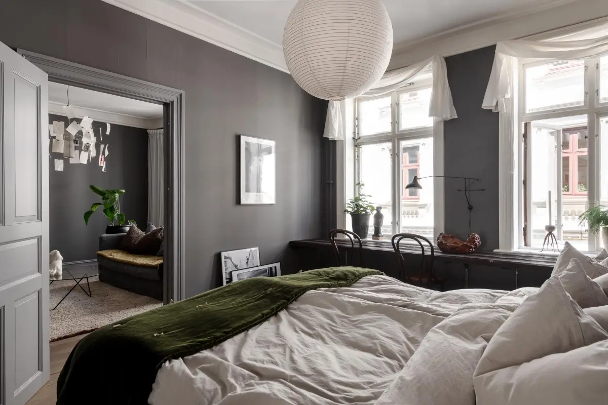 A Dark Gray Swedish Apartment with an Olive Green Kitchen 18 gray bedroom long desk