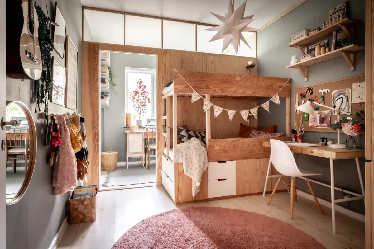 An Earthy Color Palette and Exposed Brick in a 1940s Apartment 23 gray kids bedroom plywood bunk bed nordroom