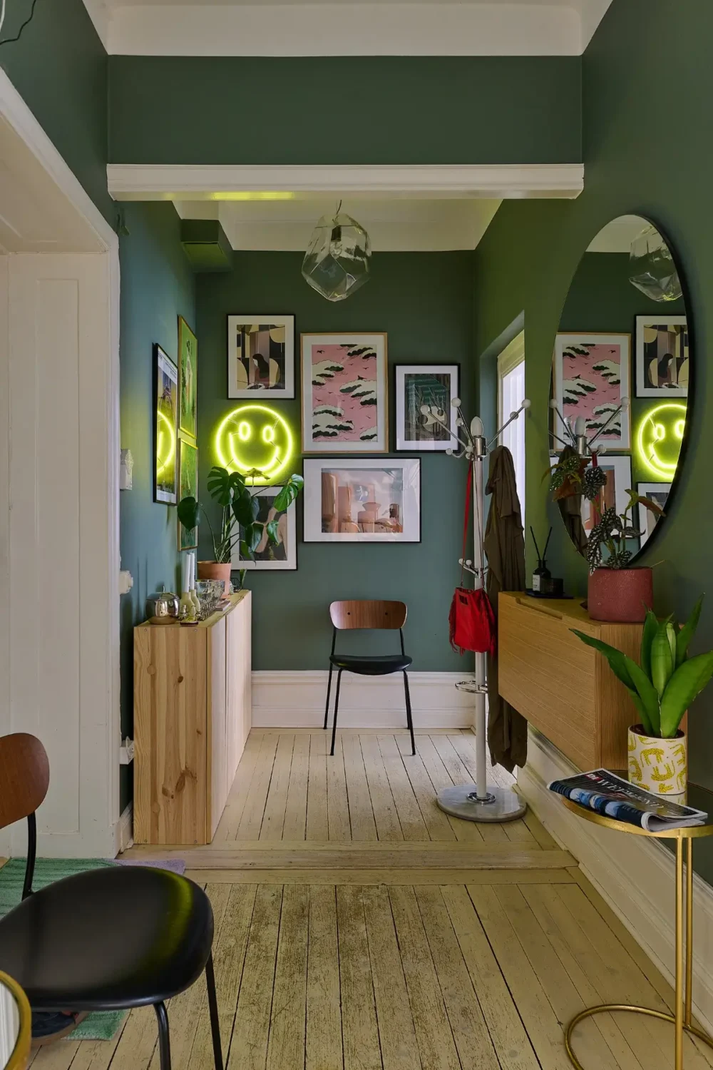 Best of 2025: Hallways 8 green hall with gallery wall and large round mirror