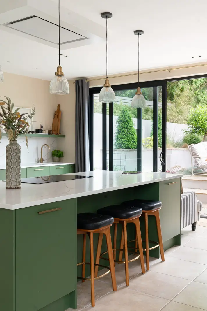 Contemporary Open-Plan Living Spaces in an English Victorian House 7 green kitchen island