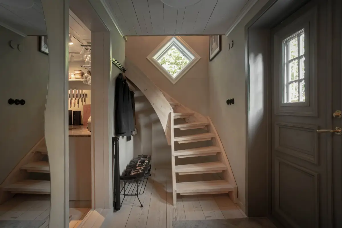 Modern Comforts and Historic Architecture in an 18th Century Home 3 hall with wooden stairs