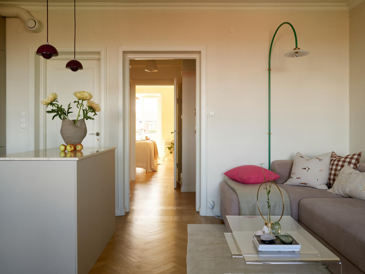 A Stockholm Apartment with a Butter-Yellow Bedroom 3 herringbone parquet floor living room