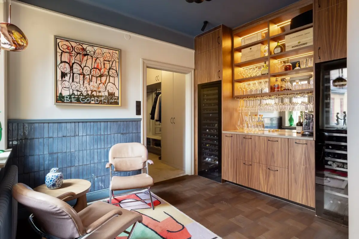 home bar half-tiled walls