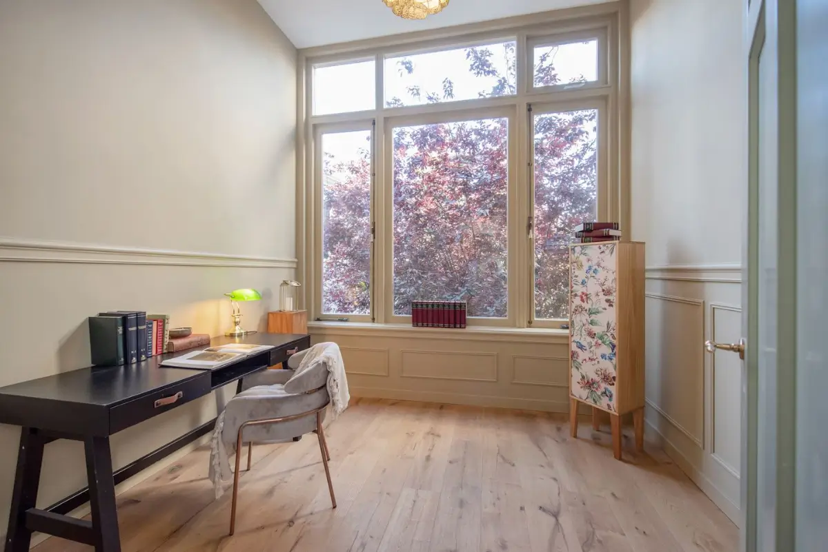 Art Nouveau Elegance Meets Modern Living in a Pink & Green Apartment 20 home office huge windows