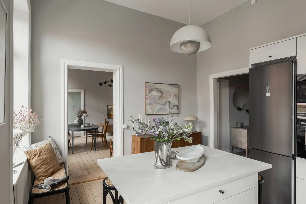 A Gray Scandinavian Apartment with a Royal History 15 kitchen with small island
