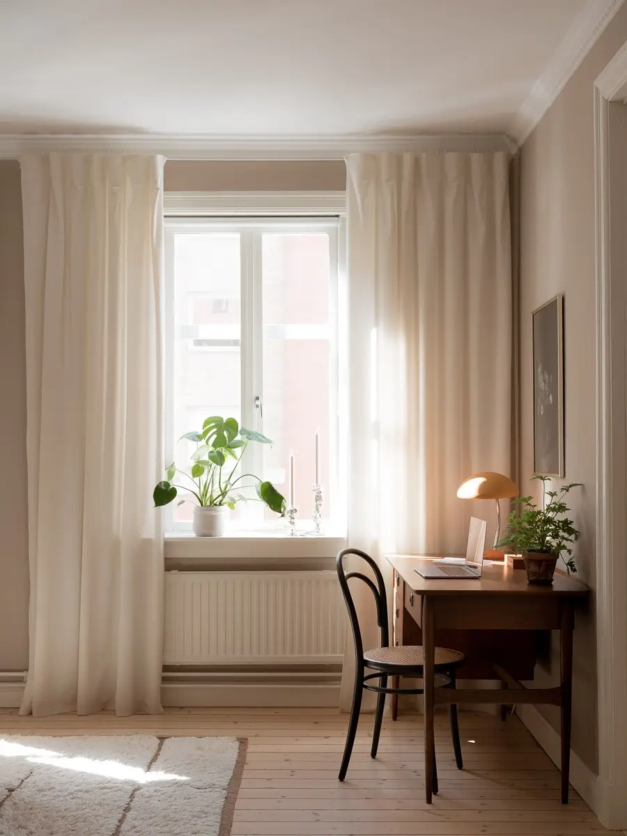 Neutral Shades and Period Elements in a Scandi Apartment 14 large bedroom window midcentury desk