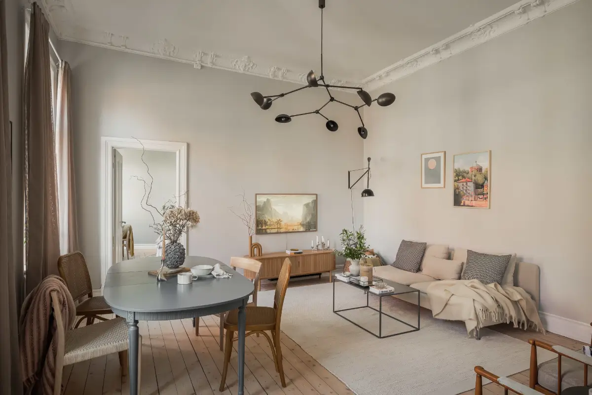 A Gray Scandinavian Apartment with a Royal History 6 light gray living room wooden floor