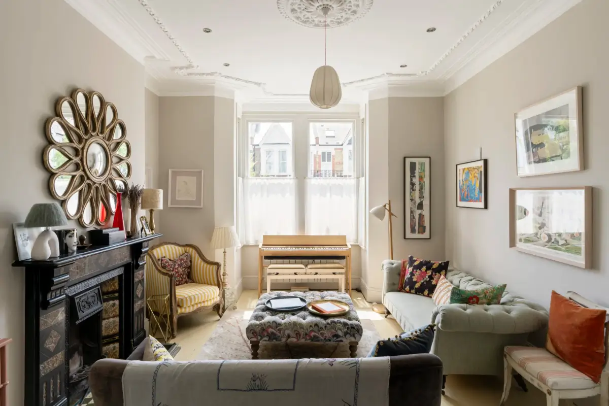 light gray sitting room fireplace stucco