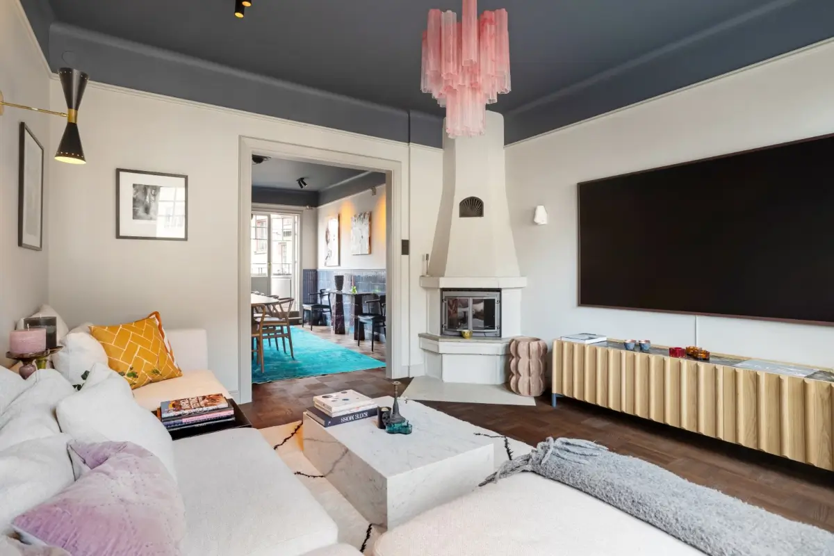 living room dark blue-gray ceiling