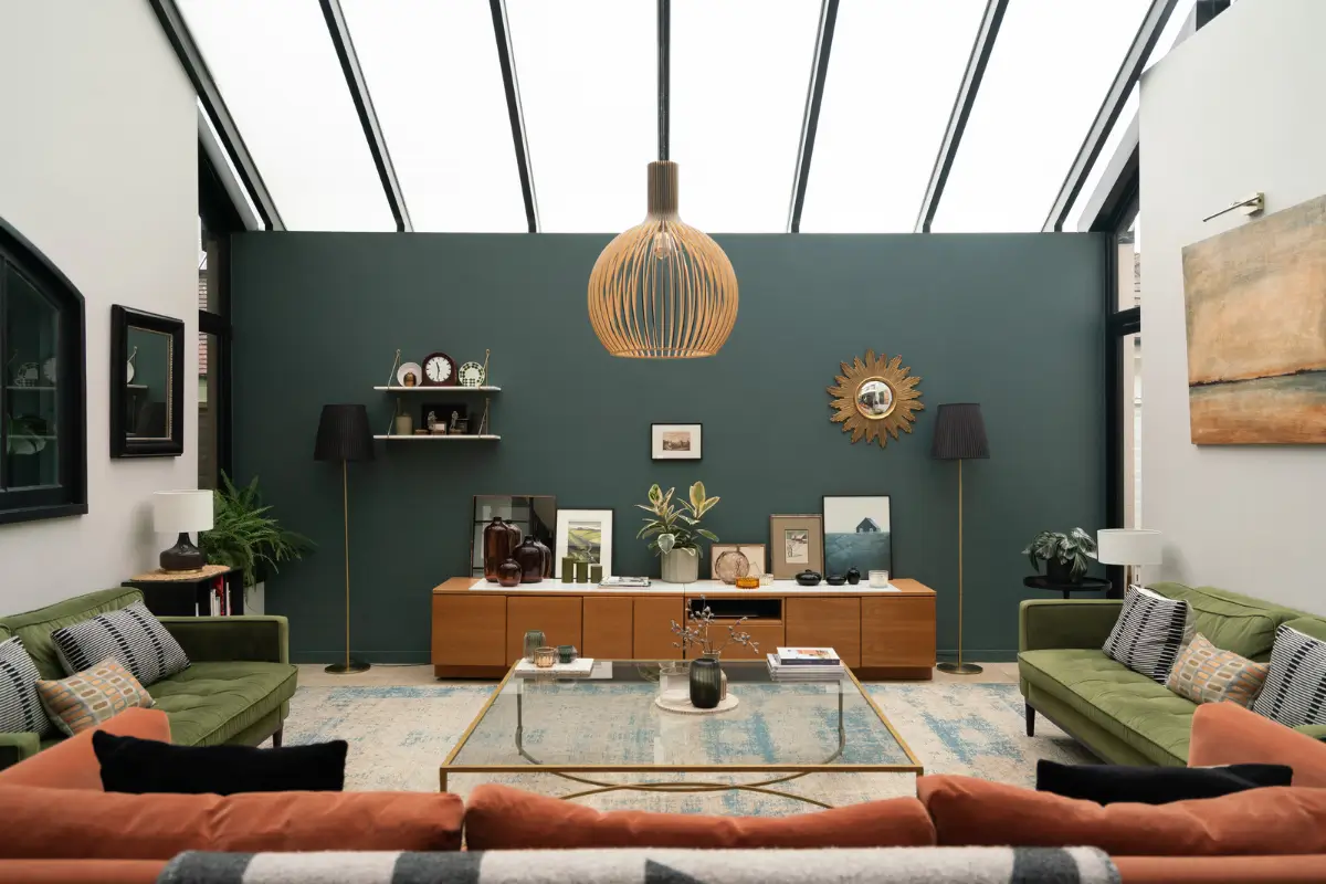 Contemporary Open-Plan Living Spaces in an English Victorian House 3 living room skylight dark blue feature wall