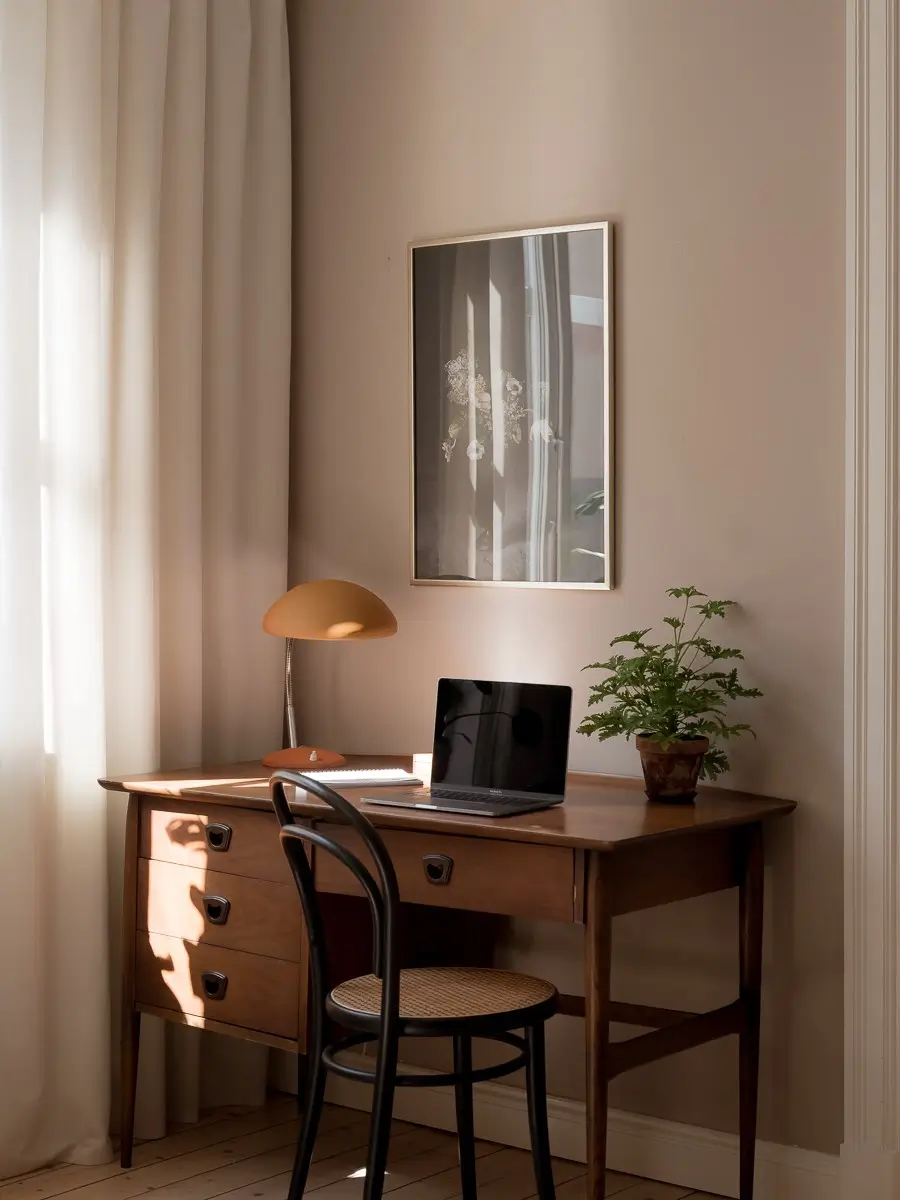 Neutral Shades and Period Elements in a Scandi Apartment 15 midcentury desk bedroom