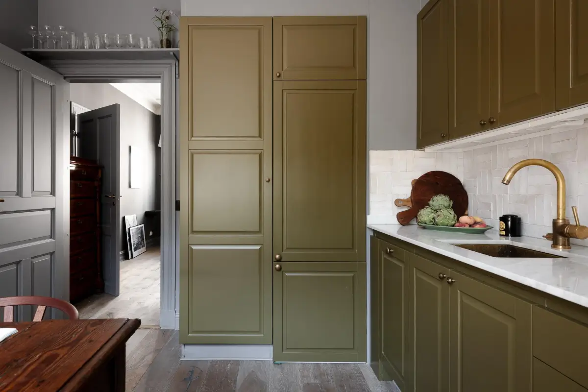 A Dark Gray Swedish Apartment with an Olive Green Kitchen 4 olive green kitchen cabinets