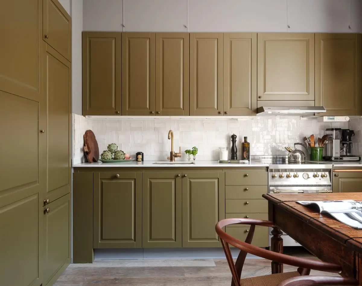 A Dark Gray Swedish Apartment with an Olive Green Kitchen 3 olive green kitchen