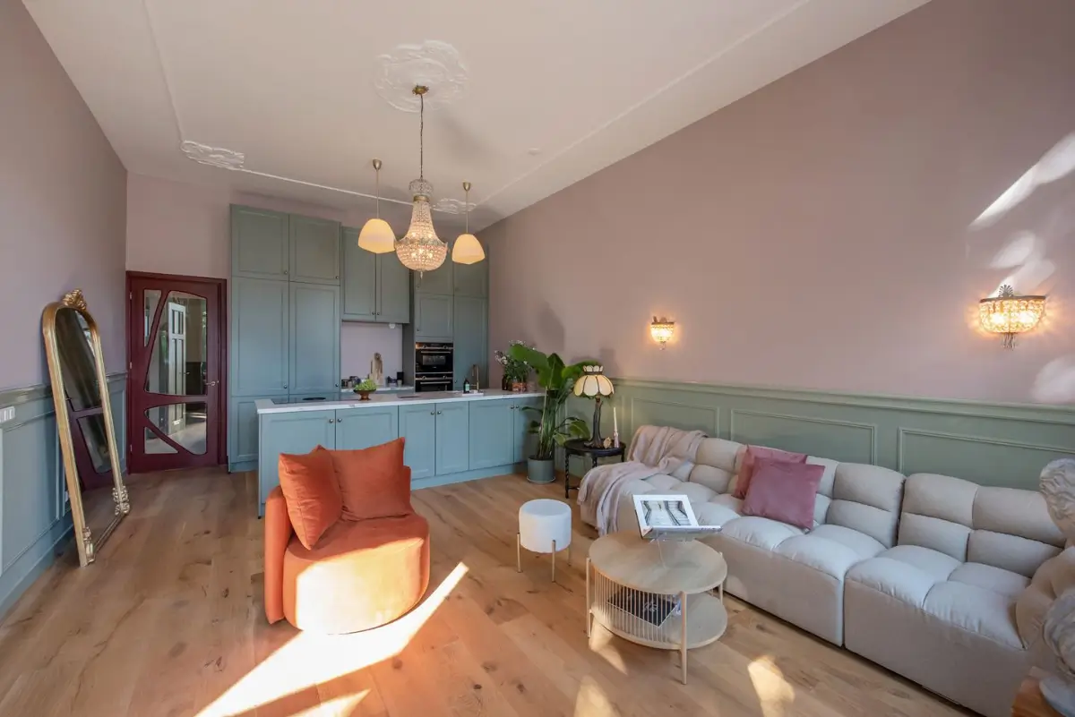 Art Nouveau Elegance Meets Modern Living in a Pink & Green Apartment 12 open plan living room kitchen