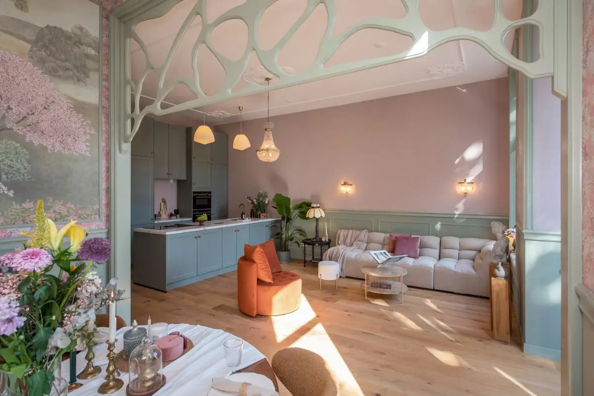Art Nouveau Elegance Meets Modern Living in a Pink & Green Apartment 10 open-plan living space pastel tones