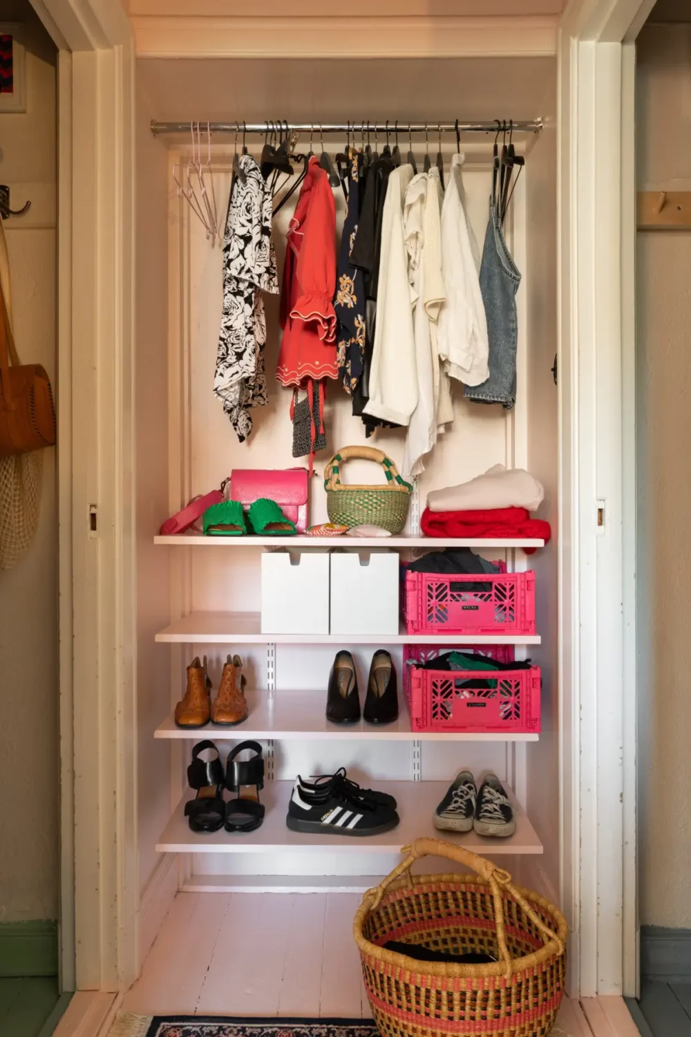 A Cozy Colorful Family Apartment with an Industrial Room Divider 18 open wardrobe space