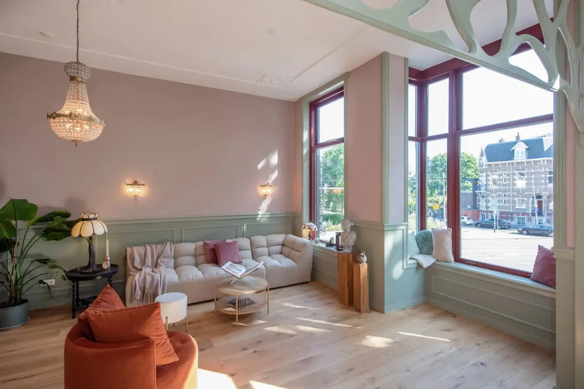 Art Nouveau Elegance Meets Modern Living in a Pink & Green Apartment 9 pastel pink and green living room