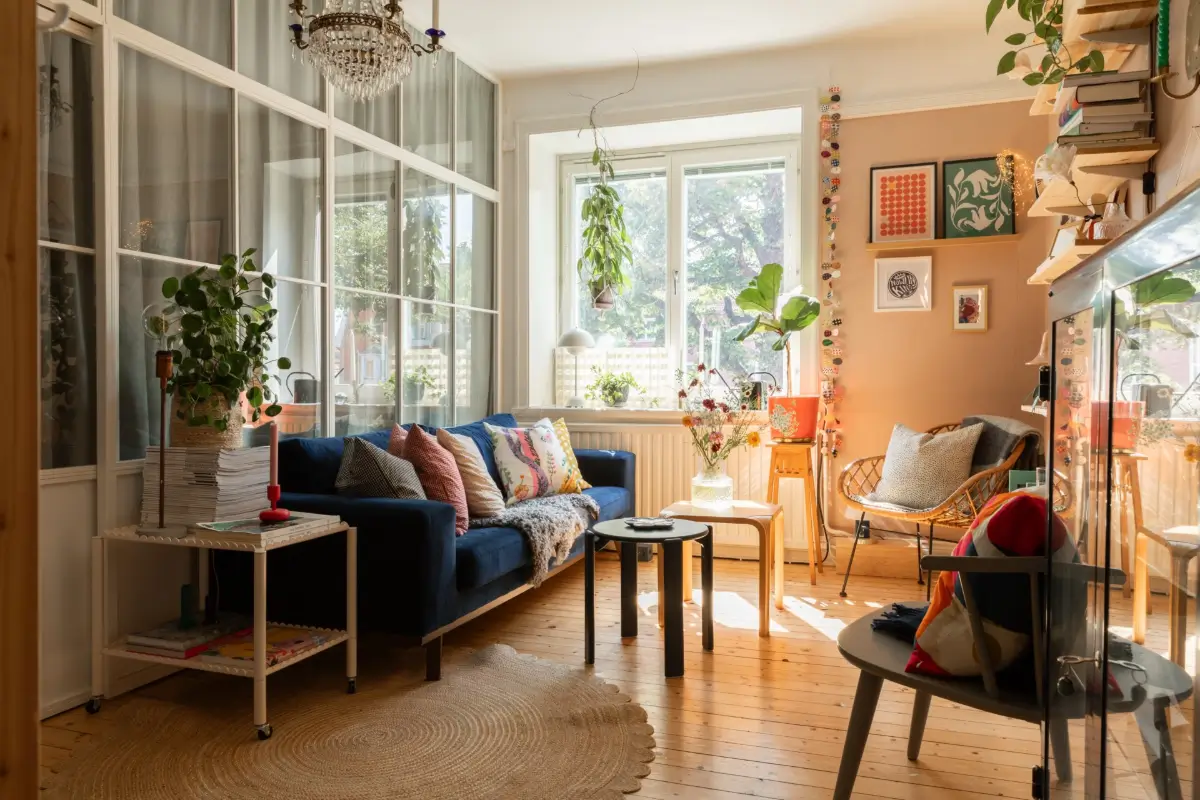 pink scandinavian living room glass wall