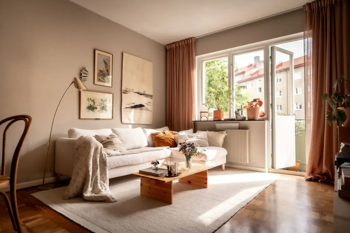 An Earthy Color Palette and Exposed Brick in a 1940s Apartment 4 scandinavian living room gray walls parquet floor