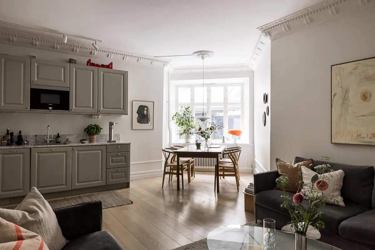 scandinavian living space stucco gray kitchen