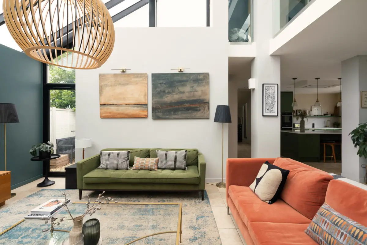 Contemporary Open-Plan Living Spaces in an English Victorian House 5 sitting area green orange sofa