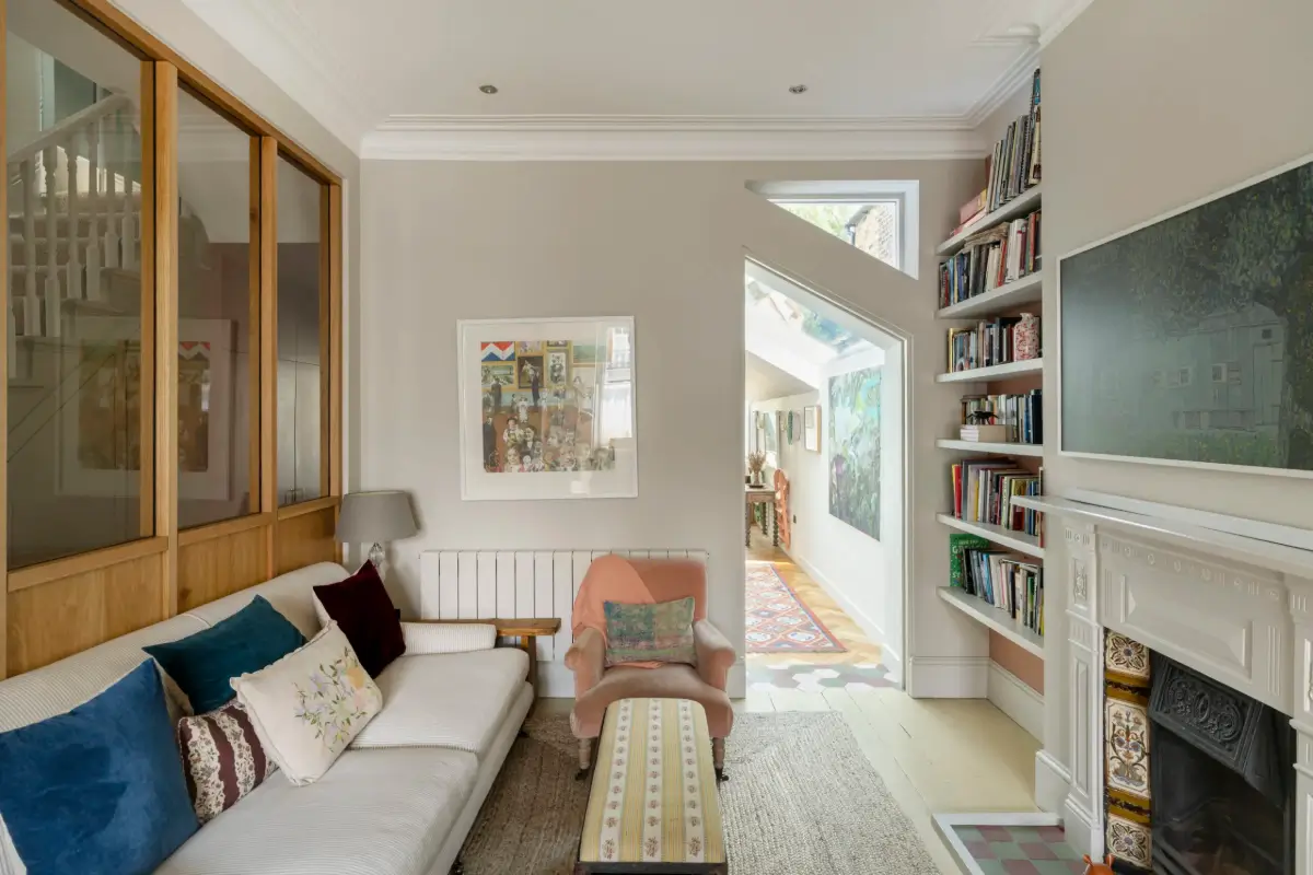 sitting room fireplace bookshelves