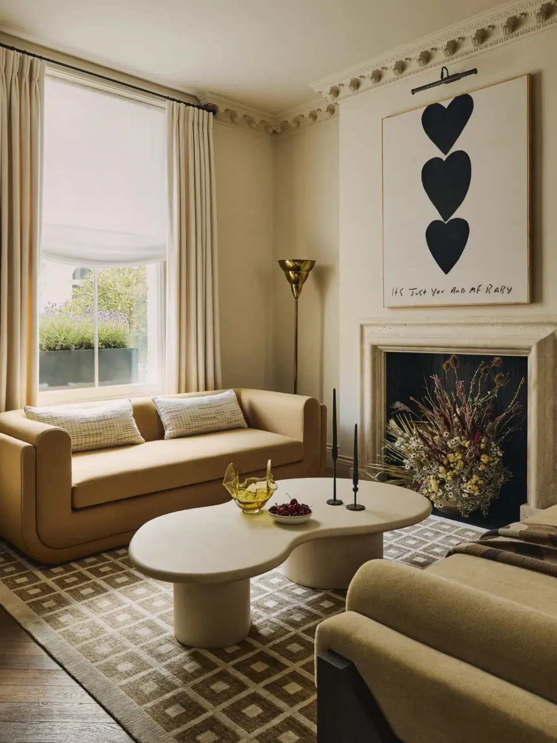 sitting room fireplace curved coffee table