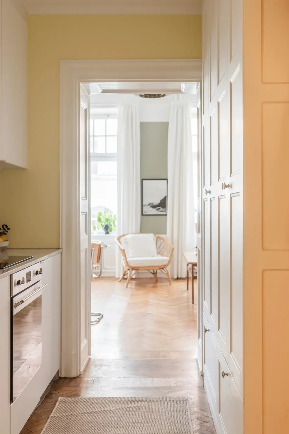 A Farrow & Ball Palette in an Art Nouveau Stockholm Apartment 14 small kitchen with pale yellow wall