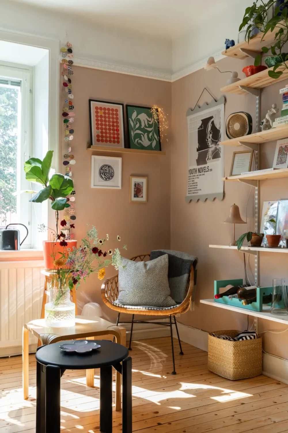 A Cozy Colorful Family Apartment with an Industrial Room Divider 2 soft pink living room walls