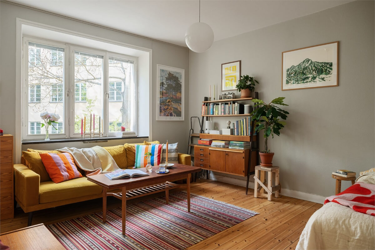 studio wooden floor ochre sofa midcentury furniture nordroom