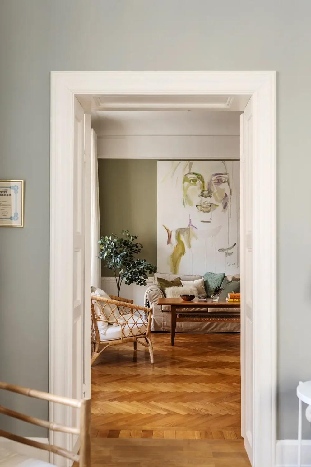 A Farrow & Ball Palette in an Art Nouveau Stockholm Apartment 7 view into living room parquet floor
