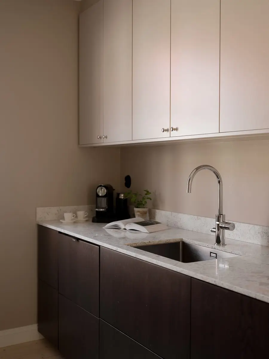 Neutral Shades and Period Elements in a Scandi Apartment 18 white and wood kitchen cabinets