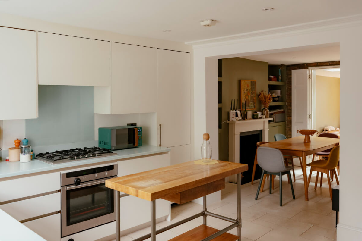 white kitchen with dining space