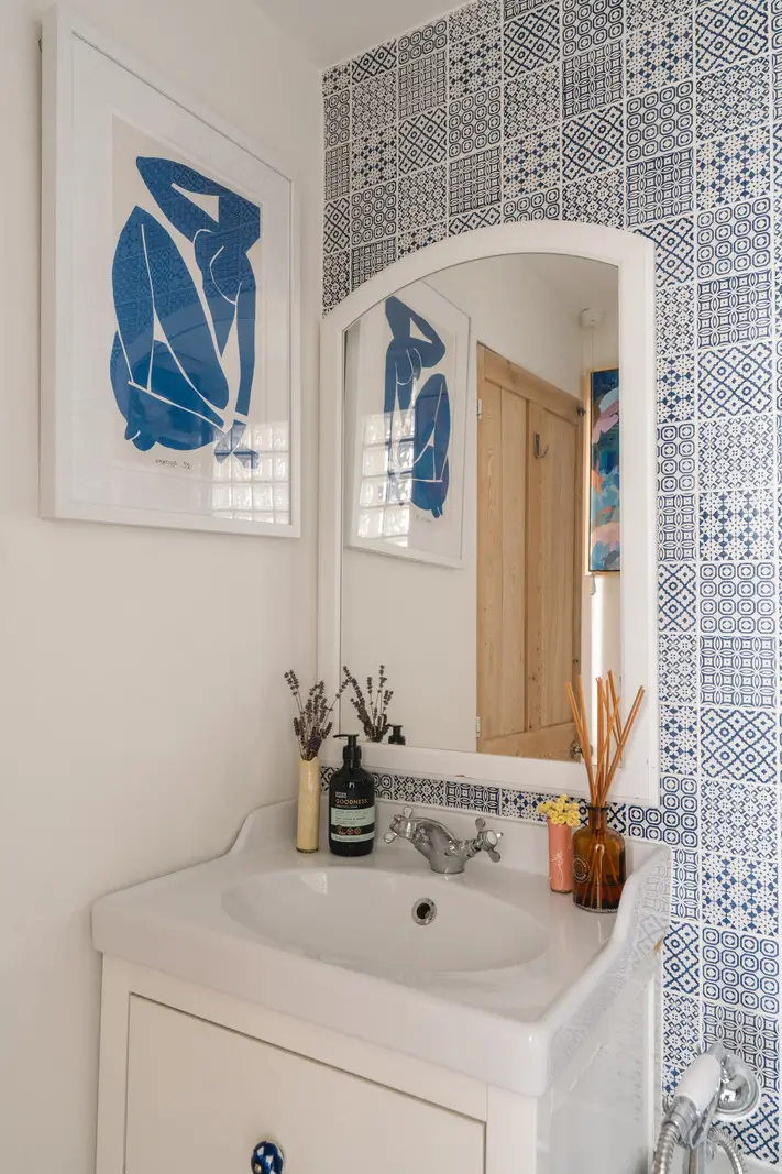 A Bright and Cozy One-Bedroom Apartment in London 13 bathroom blue patterned tiles A Bright and Cozy One-Bedroom Apartment in London